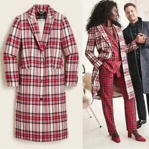J. crew Alfie topcoat Ivory Red in Vintage Plaid Italian Wool Coat Size 14